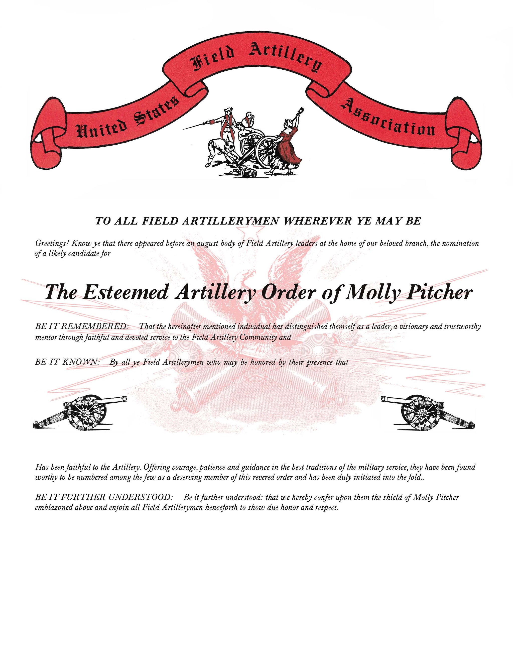 Replacement Award Certificates Esteemed Order of Molly Pitcher Certi